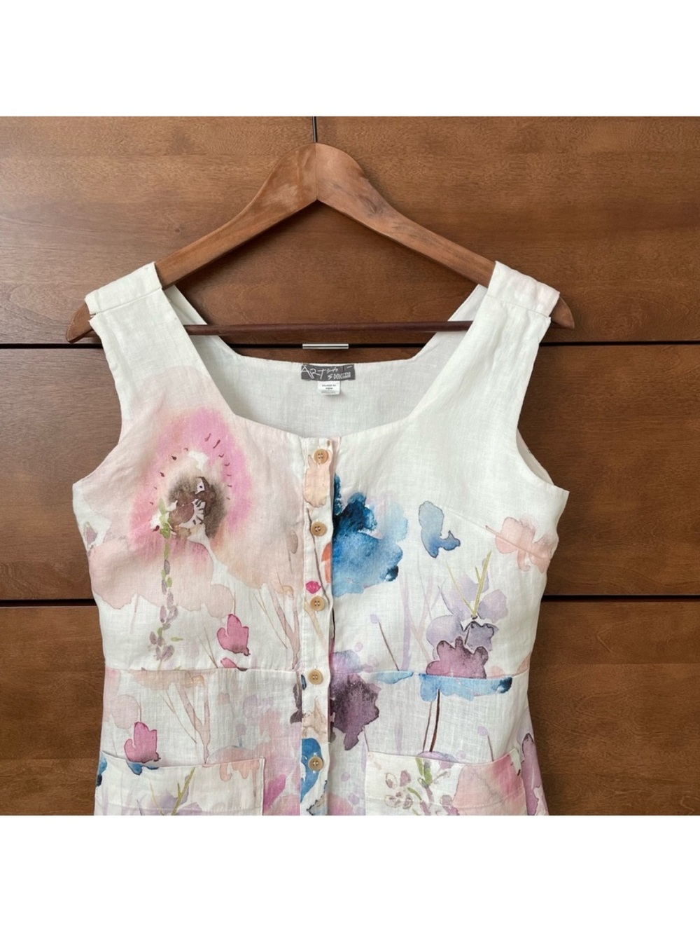 Dolcezza Linen Floral Art Midi Dress Small Watercolor Button Front Whimsical - Picture 4 of 13